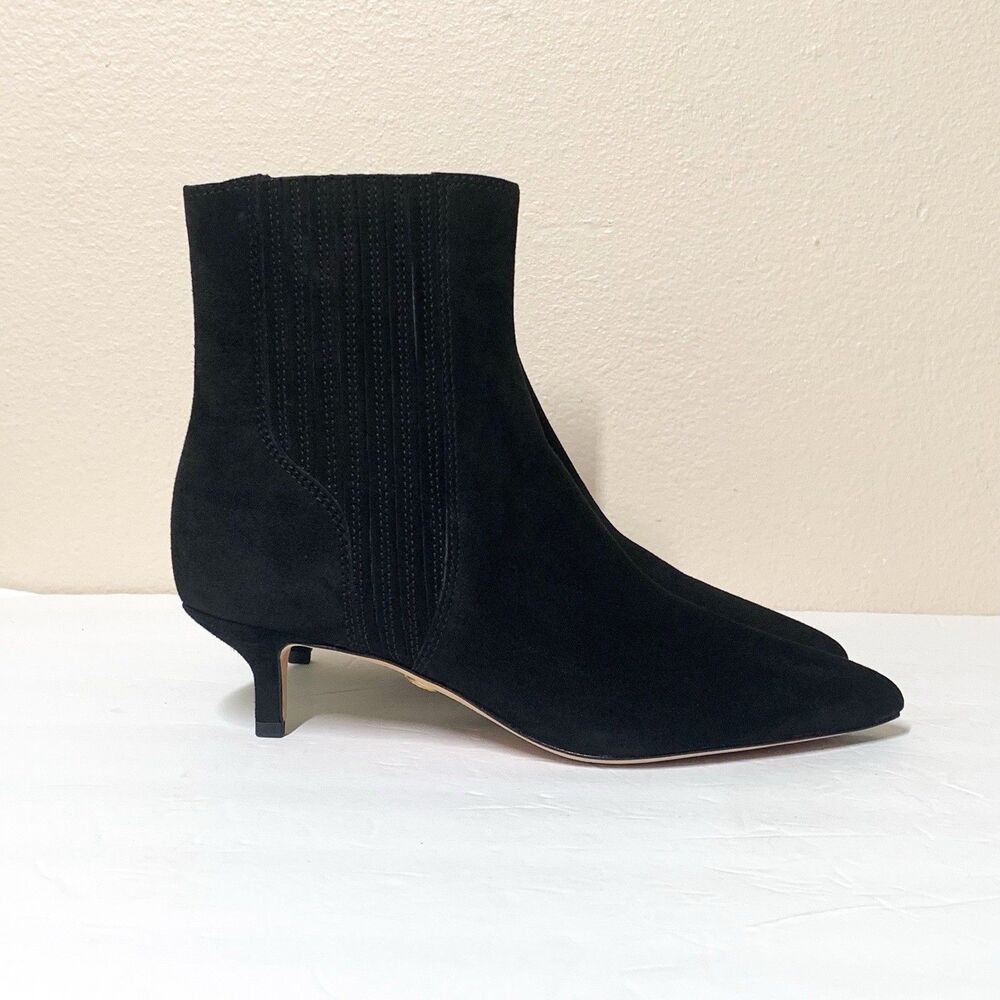 Veronica Beard Lisa 45 Booties 6 Black Suede Kitten Heel Pointed Toe Pull On